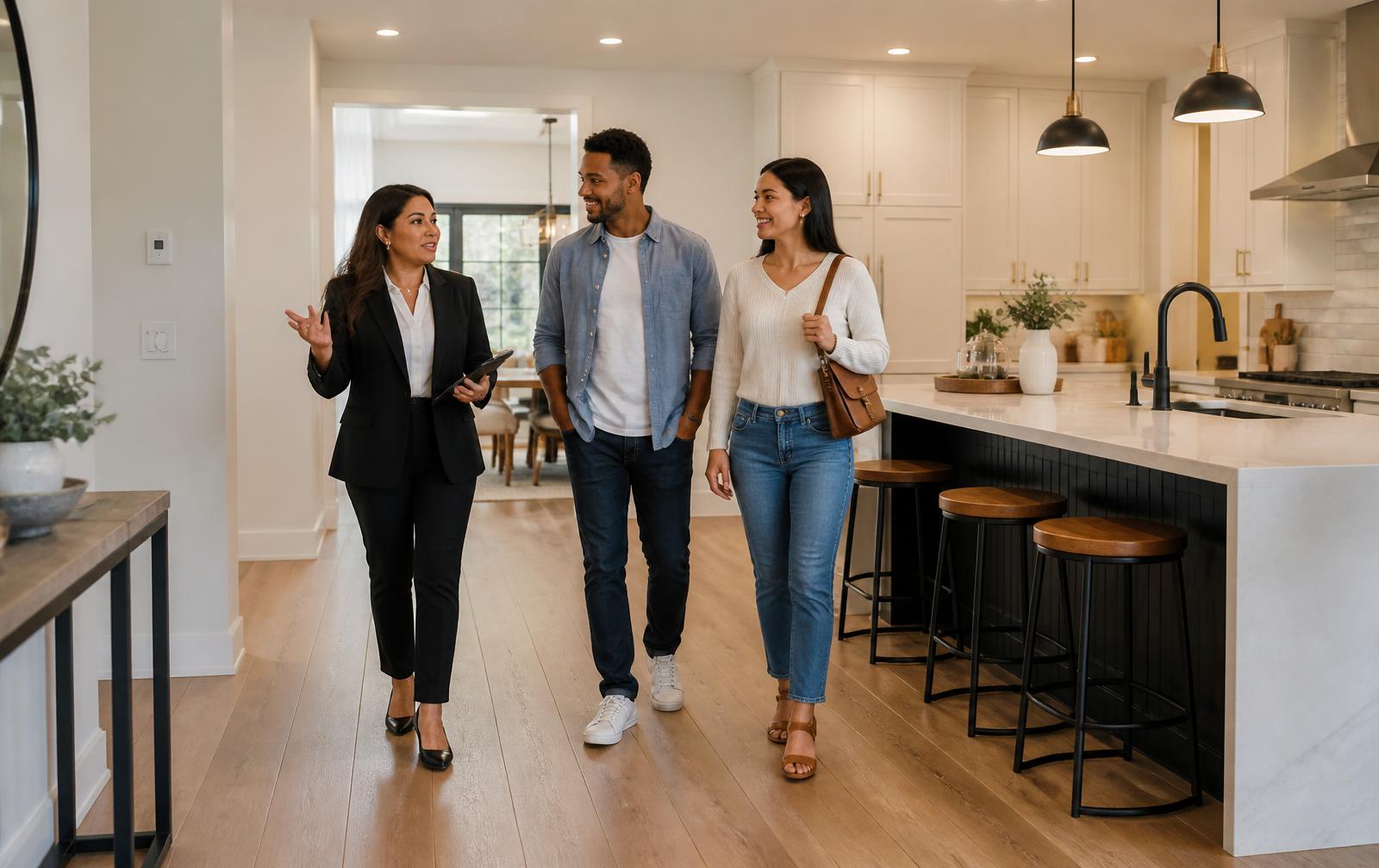 An agent walking a couple through the kitchen of a home they're considering